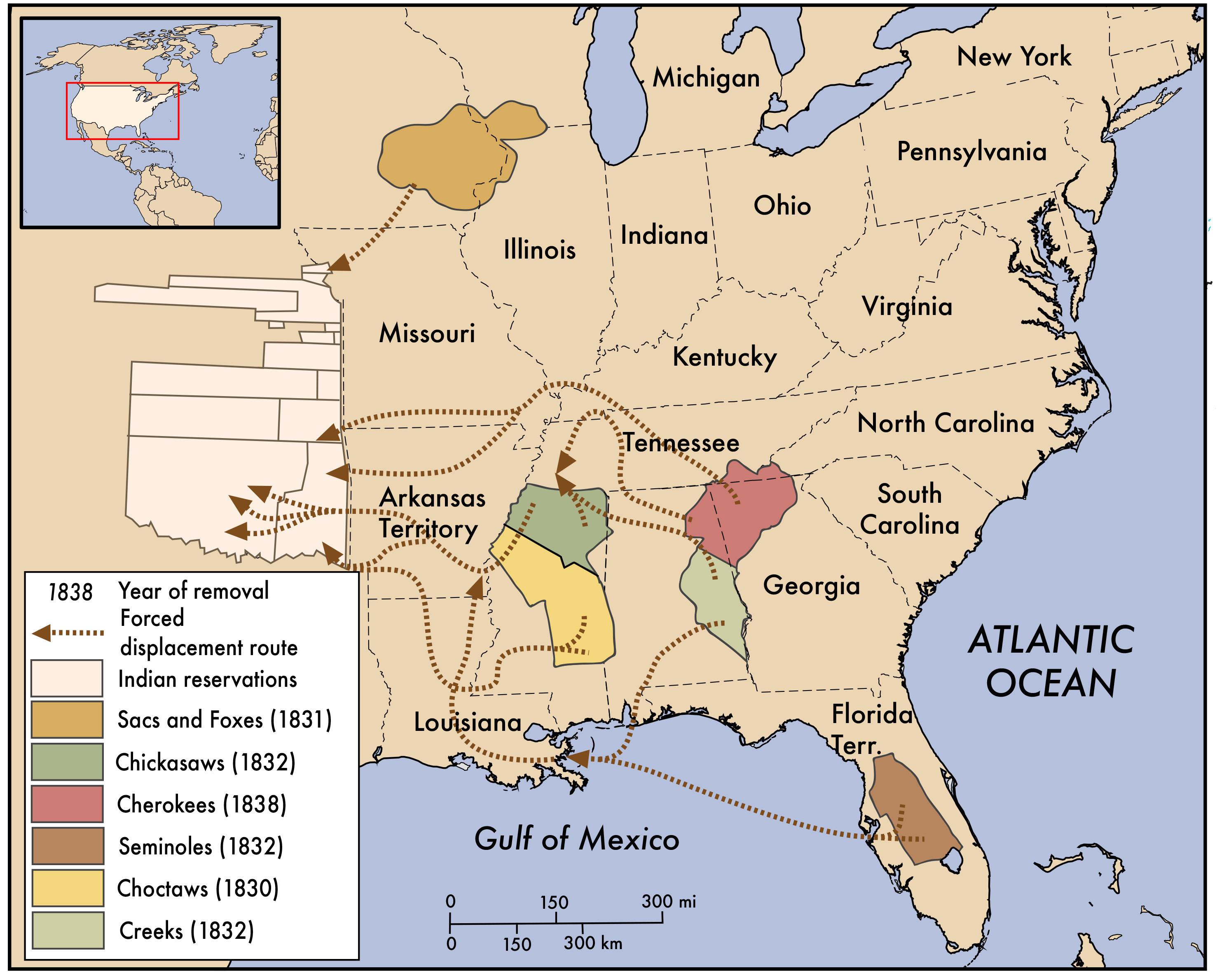 Map of Southeast United States showing the native lands of six native tribes and their displacement routes to reservation lands in Oklahoma and Nebraska.